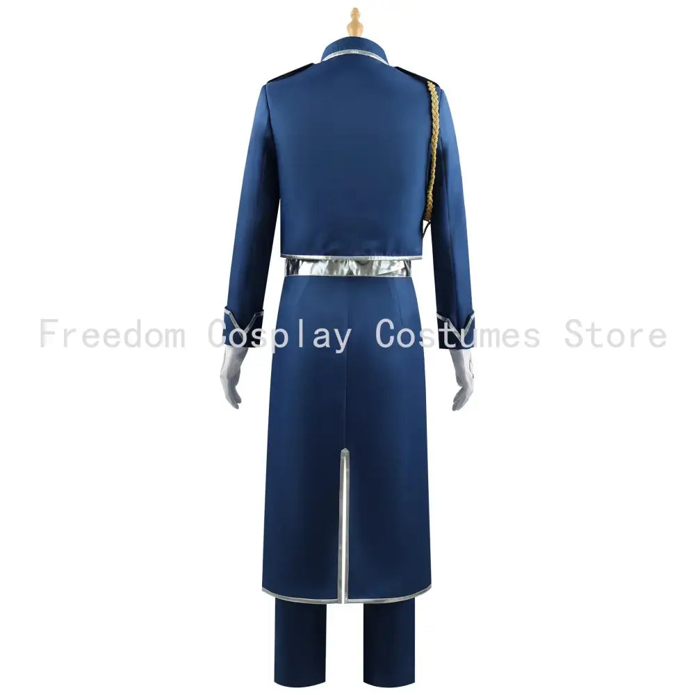 Navy blue fullmetal alchemist roy mustang military coat cosplay uniform with silver trim and gold shoulder braiding
