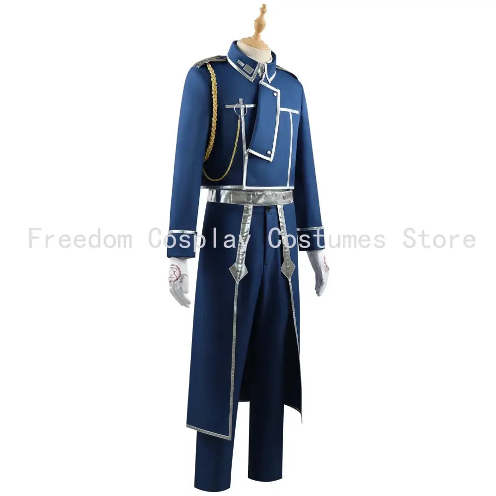 Navy blue fullmetal alchemist military coat cosplay uniform with silver trim and gold chain strap for cosplay use