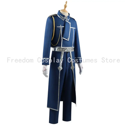 Navy blue fullmetal alchemist military coat cosplay uniform with silver trim and gold chain strap for cosplay use