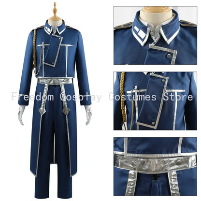 Navy blue fullmetal alchemist military coat cosplay uniform with silver trim and metallic accents for costume use