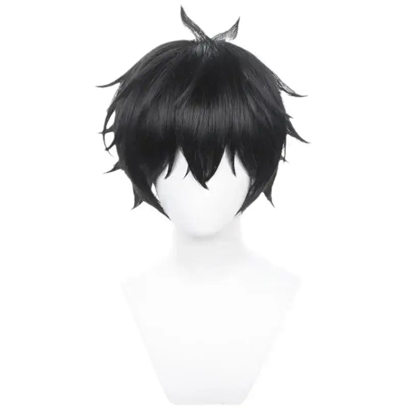 Black synthetic wig with spiky layered cut and silver horn accessory for fullmetal alchemist military coat cosplay uniform
