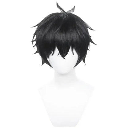Black synthetic wig with spiky layered cut and silver horn accessory for fullmetal alchemist military coat cosplay uniform