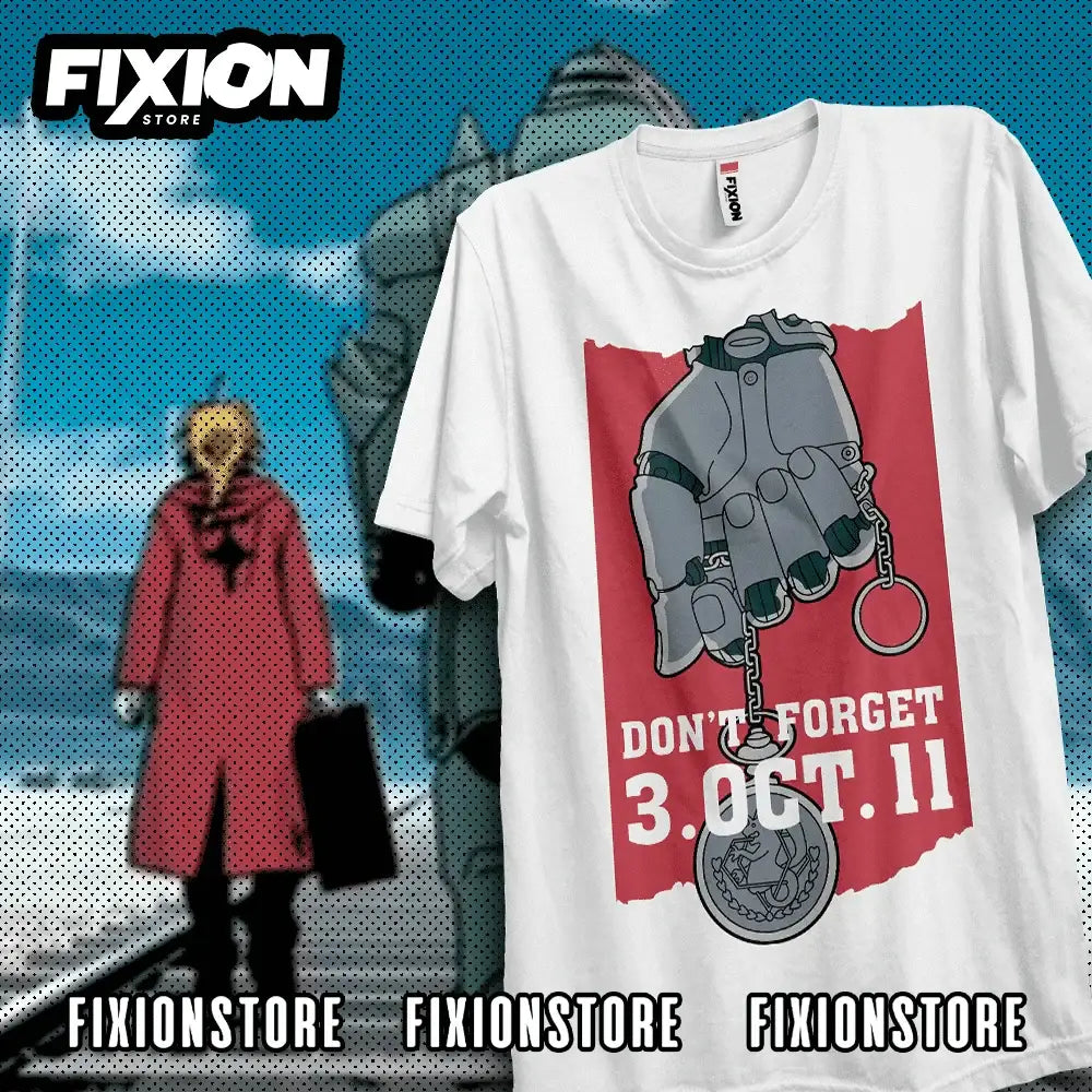 White fullmetal alchemist sp anime t-shirt with gray mechanical hand graphic and soft cotton fabric on red background