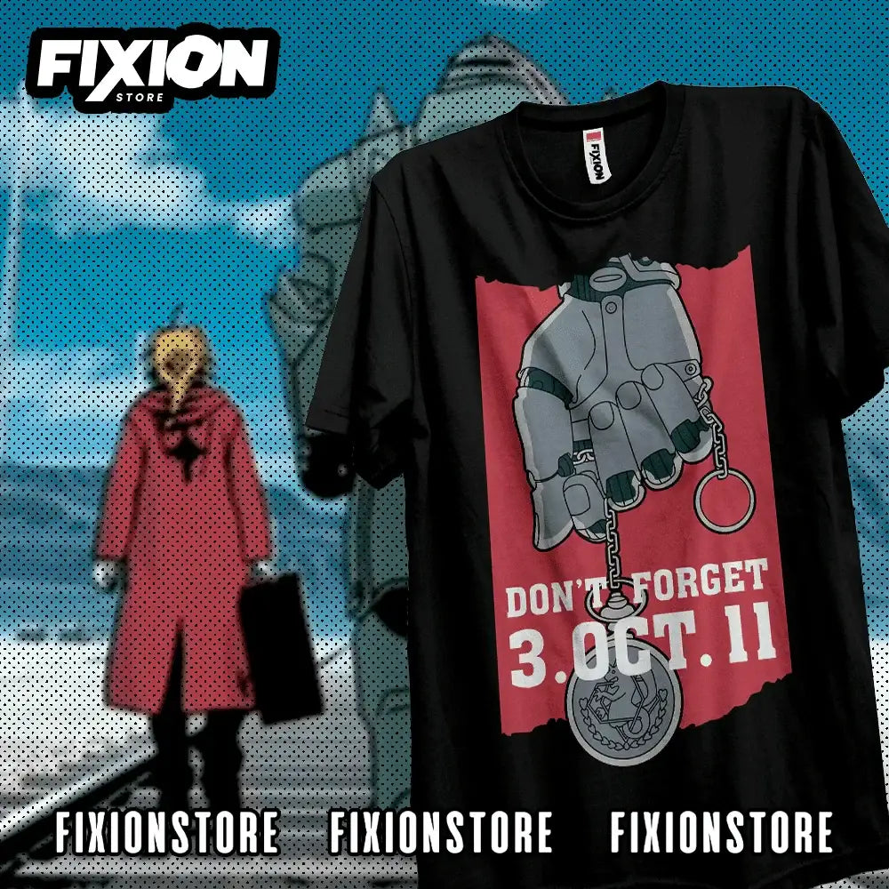 Black short-sleeved fullmetal alchemist sp anime t-shirt with gray mechanical hand graphic on soft cotton by fixion store