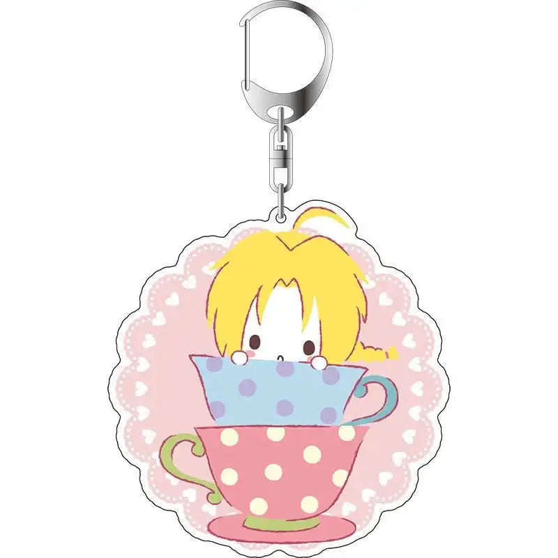 Cute translucent fullmetal alchemist winry rockbell acrylic keychain with blonde character and colorful teacups design