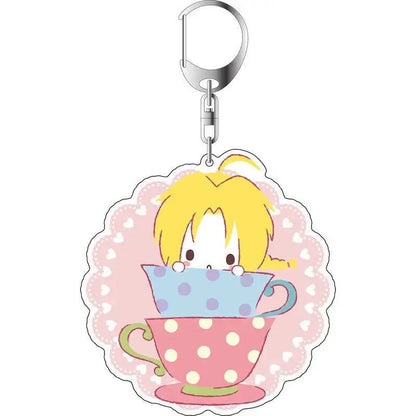 Cute translucent fullmetal alchemist winry rockbell acrylic keychain with blonde character and colorful teacups design