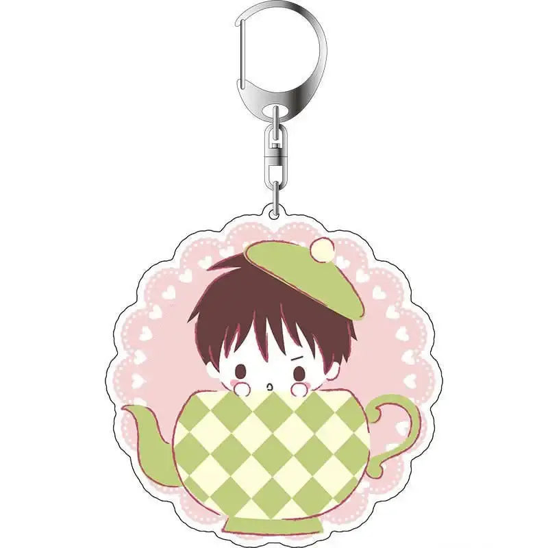 Fullmetal alchemist winry rockbell acrylic keychain featuring a green cream checkered teapot design with cartoon character and clasp