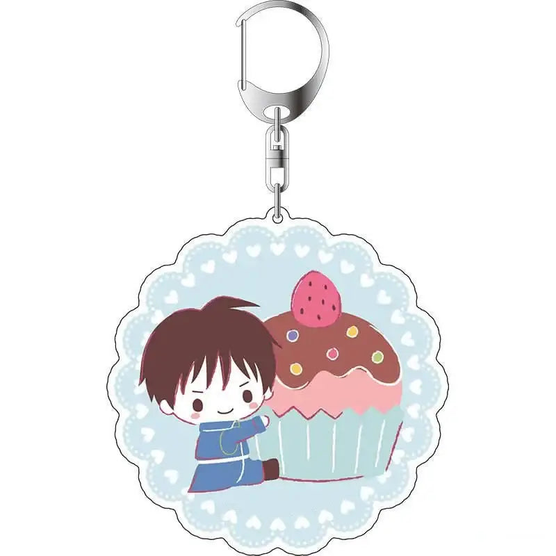 Cute translucent winry rockbell acrylic keychain featuring a cartoon boy hugging a cupcake fullmetal alchemist design