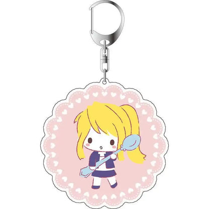 Pink scalloped-edged winry rockbell acrylic keychain featuring cartoon girl with blonde pigtails holding blue spoon fullmetal alchemist
