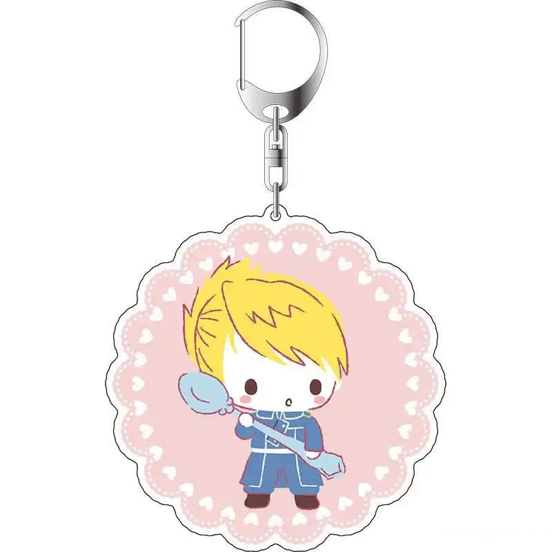 Pink scalloped-edged winry rockbell acrylic keychain featuring chibi blonde character in blue uniform holding spoon fullmetal alchemist