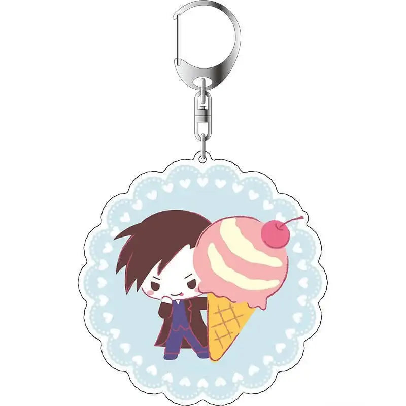 Silver-toned rockbell acrylic keychain with scalloped charm featuring chibi winry rockbell holding ice cream fullmetal alchemist