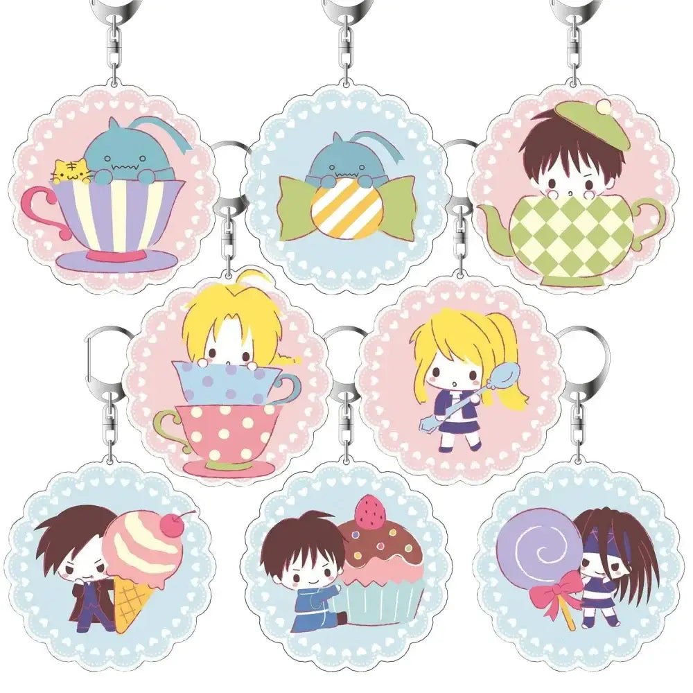Set of eight colorful scalloped-edged fullmetal alchemist winry rockbell acrylic keychains featuring tea and dessert scenes