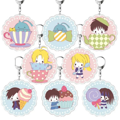 Set of eight colorful scalloped-edged fullmetal alchemist winry rockbell acrylic keychains featuring tea and dessert scenes