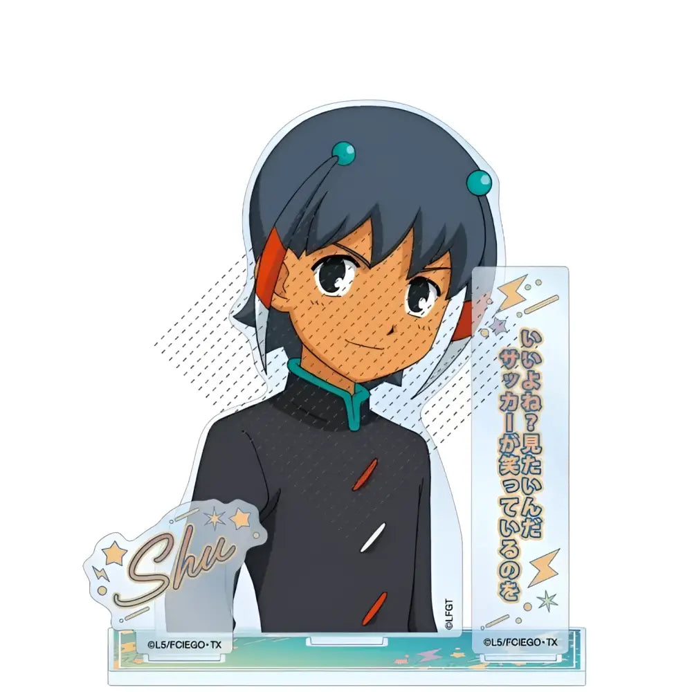 Clear acrylic stand featuring anime character asuto inamori with dark hair teal accessories and black outfit from game inazuma eleven 11