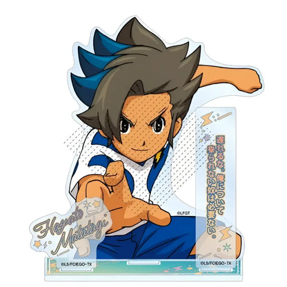 Blue and white acrylic stand featuring hayato matatagi with spiky brown hair in dynamic pose from inazuma eleven 11
