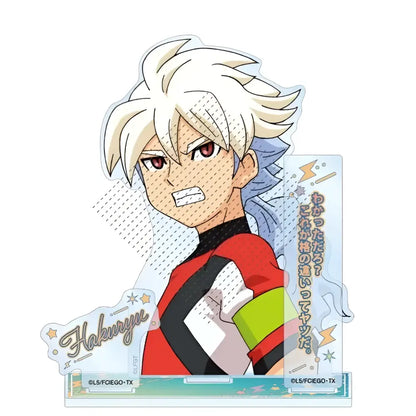 Clear acrylic stand of asuto inamori from game inazuma eleven with spiky white hair and red black green jersey