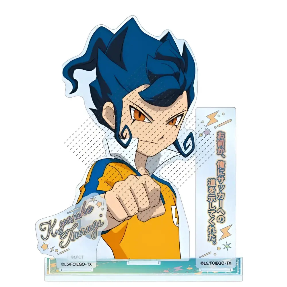 Blue-haired anime character figurine with orange eyes in yellow-orange jersey on acrylic base from inazuma eleven game stand