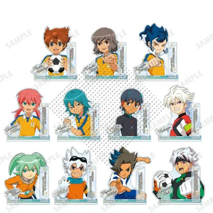 Clear acrylic stand featuring a cartoon soccer player with spiky blue hair and an orange jersey from game inazuma eleven 11