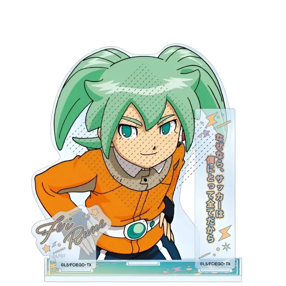 A vibrant orange and green game inazuma eleven 11 acrylic stand featuring spiky mint green hair and detailed brown and black clothing