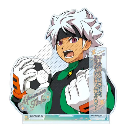 Game inazuma eleven 11 acrylic stand figure of white-haired anime goalkeeper in green black uniform with orange gloves holding soccer ball
