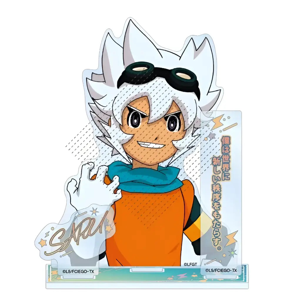 White-haired anime character with black goggles in orange outfit standing on clear acrylic stand from inazuma eleven 11