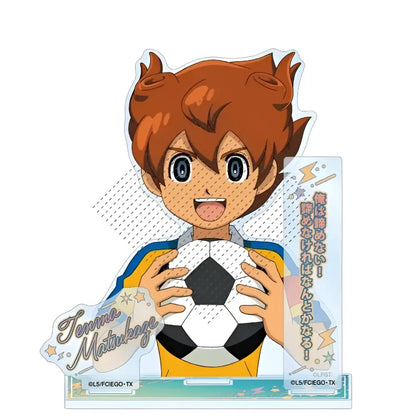 Game inazuma eleven 11 acrylic stand featuring asuto inamori holding a black and white soccer ball in yellow jersey