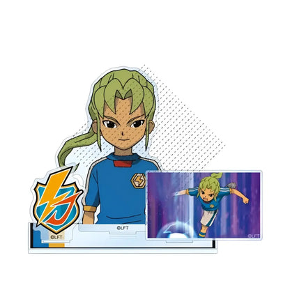 Game inazuma eleven 11 acrylic stand doll featuring blue red sports jersey and green hair character design toy gift