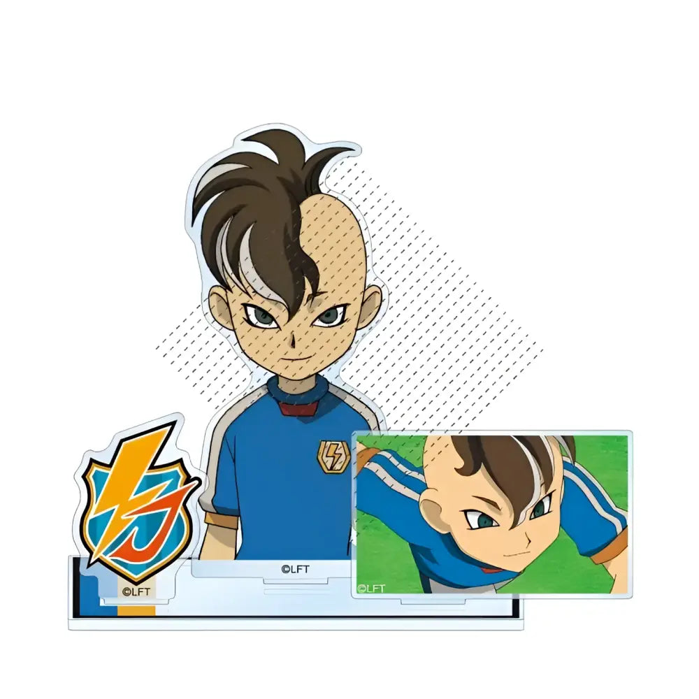 Blue and white acrylic stand of endo mamoru from game inazuma eleven 11 with lightning bolt jersey and brown hair