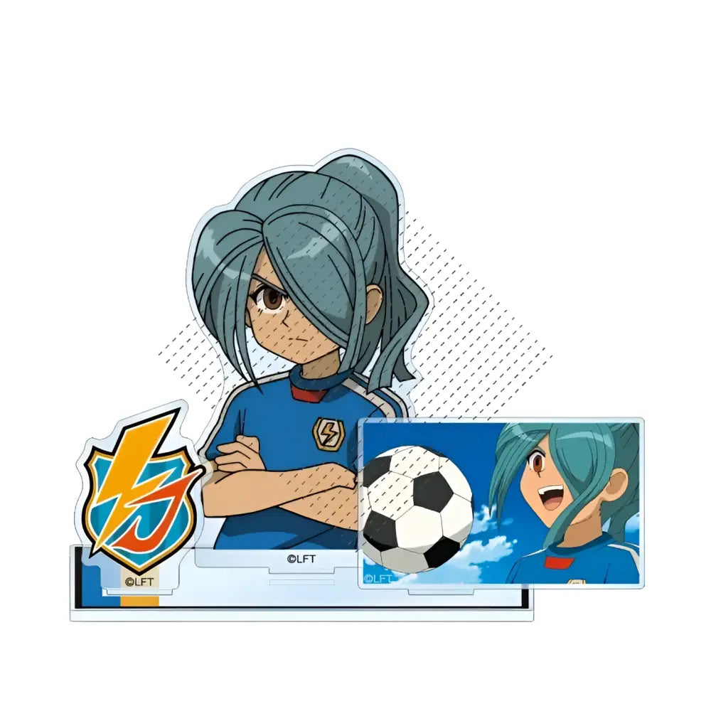 Blue anime-style acrylic stand figure of endo mamoru with gray hair and blue jersey from game inazuma eleven 11