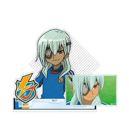 Blue and red jersey anime character acrylic stand featuring silver hair eyepatch and mechanical face device from game inazuma eleven