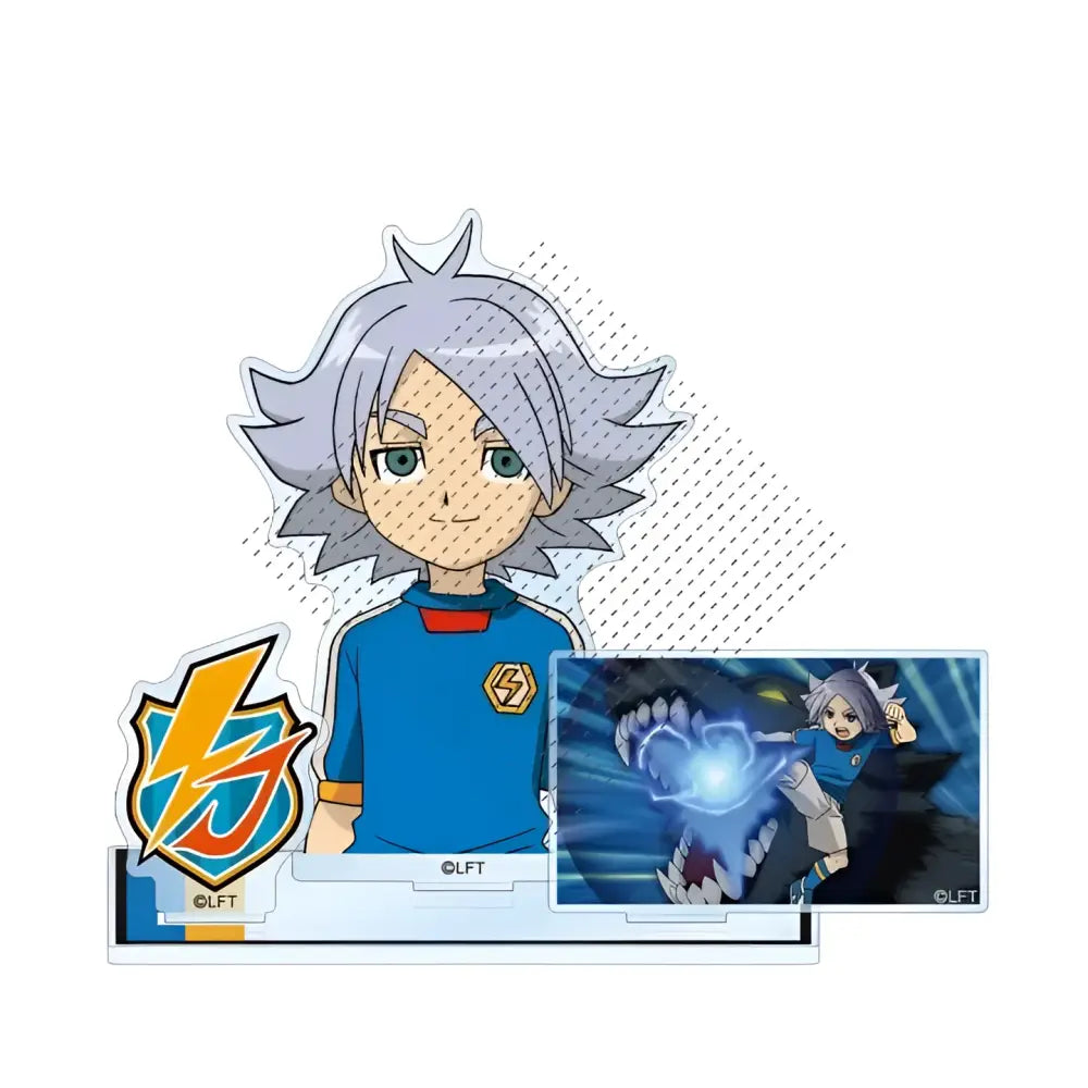 Blue and red anime character acrylic stand featuring spiky silver hair and blue jersey from game inazuma eleven 11