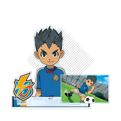 Blue acrylic standee of anime soccer player endo mamoru with spiky dark hair in blue and red jersey from game inazuma eleven 11