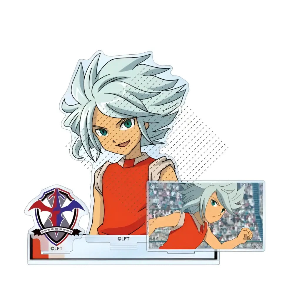 Clear acrylic stand featuring a dynamic anime character with spiky silver hair and green eyes in orange top from game inazuma eleven 11
