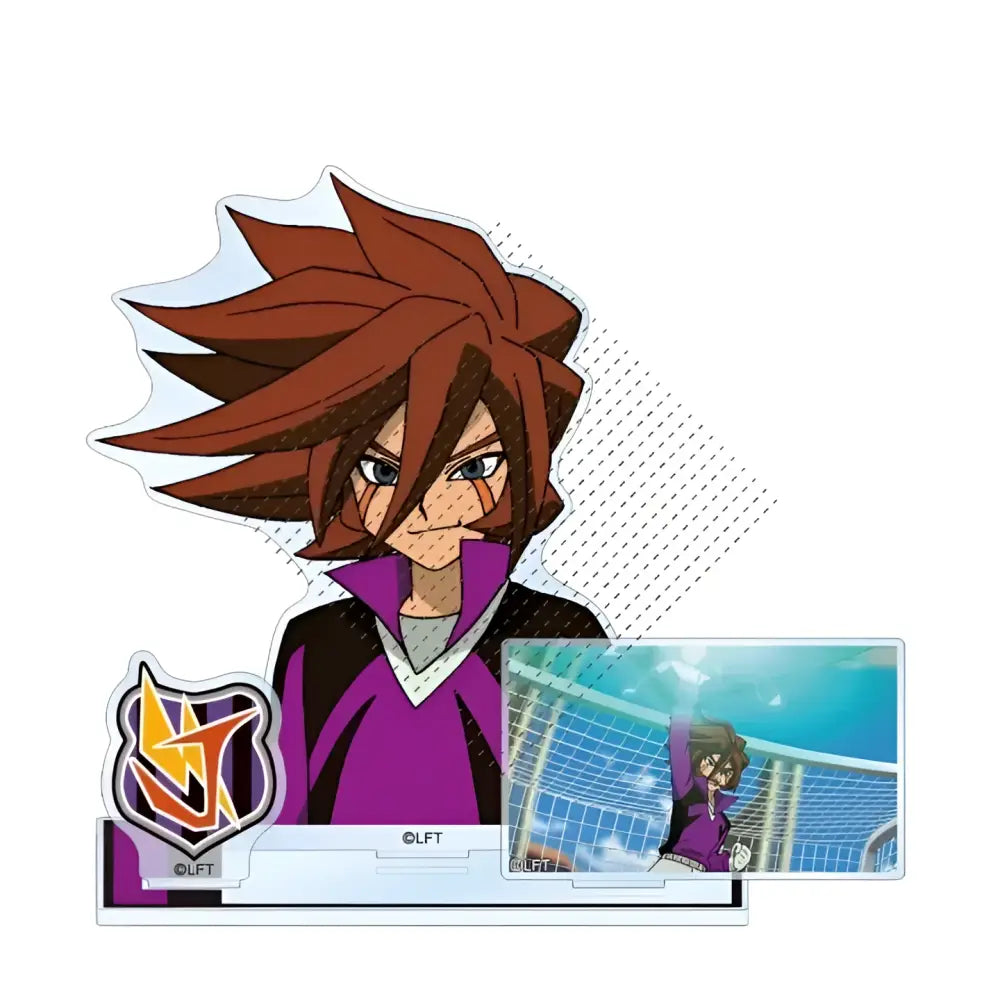 Brown-haired anime character with spiky hair in purple jacket on clear acrylic stand from game inazuma eleven 11 collectible toy