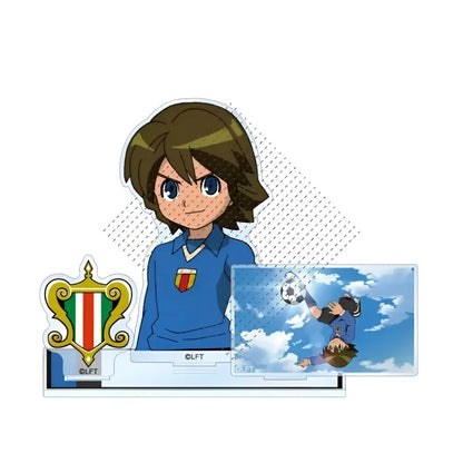 Blue acrylic stand doll featuring a soccer jersey with a red white and green shield emblem from game inazuma eleven 11