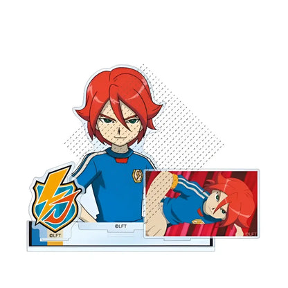 Red-haired anime character acrylic stand in blue jersey with red accents and lft logo from game inazuma eleven 11