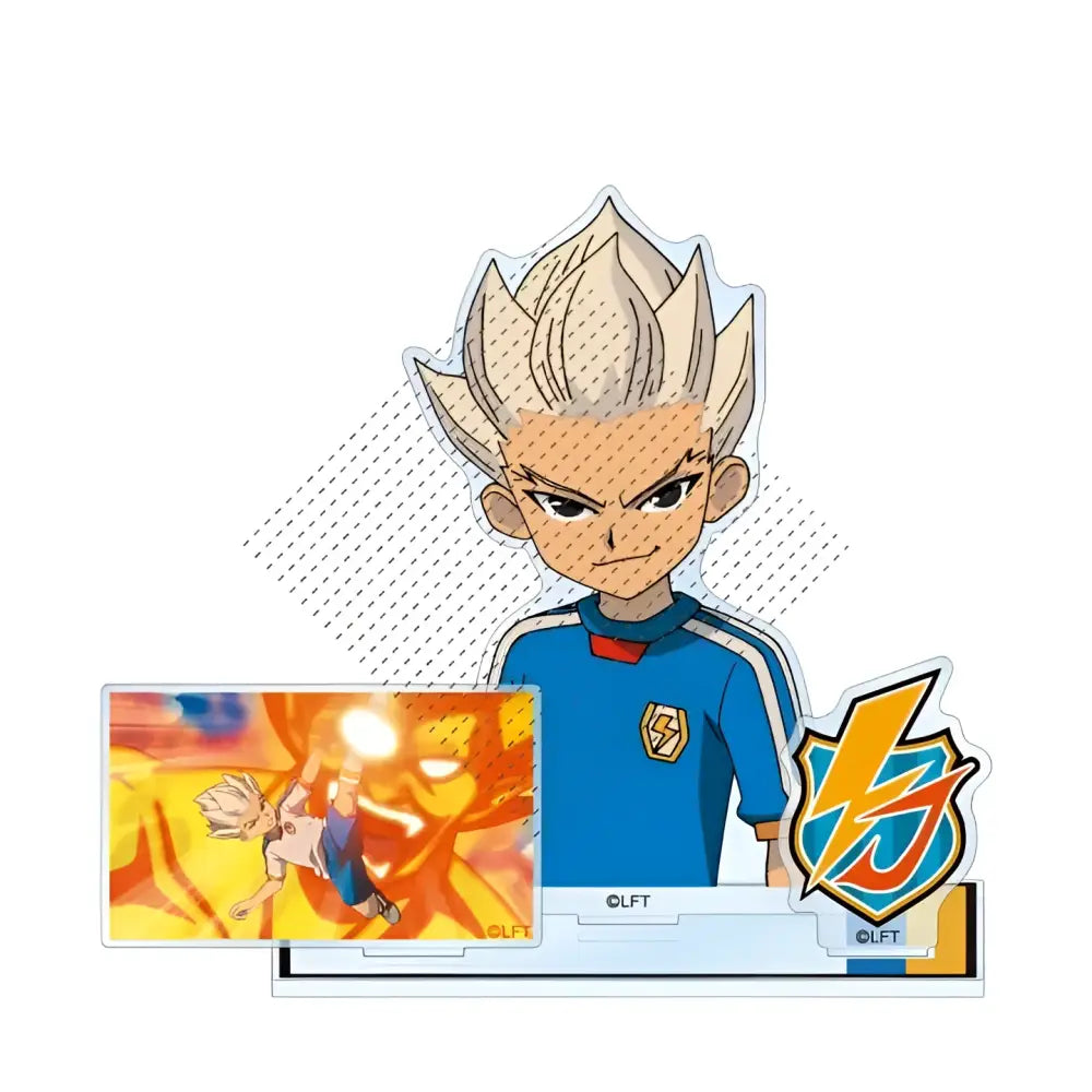 Game inazuma eleven 11 acrylic stand doll with blue and white sports jersey and spiky blonde hair featuring lightning bolt emblem