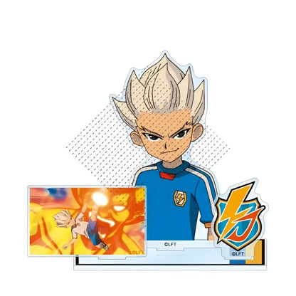Game inazuma eleven 11 acrylic stand doll with blue and white sports jersey and spiky blonde hair featuring lightning bolt emblem