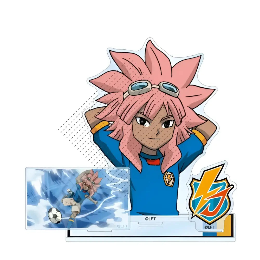 Game inazuma eleven 11 acrylic stand doll featuring pink spiky-haired anime character with goggles and blue jersey