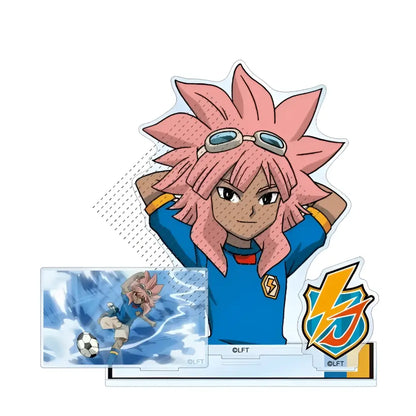 Game inazuma eleven 11 acrylic stand doll featuring pink spiky-haired anime character with goggles and blue jersey