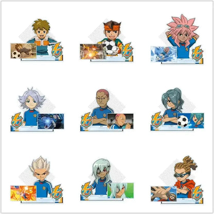 Nine game inazuma eleven 11 acrylic stands featuring blue team uniform anime characters with dynamic action poses and logos