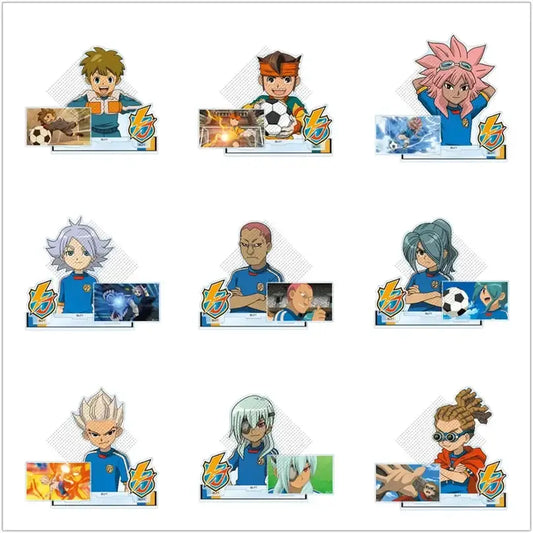 Nine game inazuma eleven 11 acrylic stands featuring blue team uniform anime characters with dynamic action poses and logos