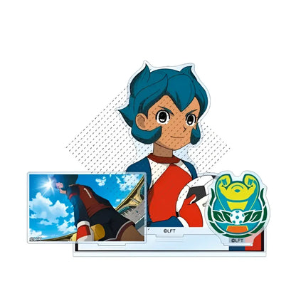 Blue-haired anime soccer player acrylic stand featuring endo mamoru from game inazuma eleven in red and white jersey