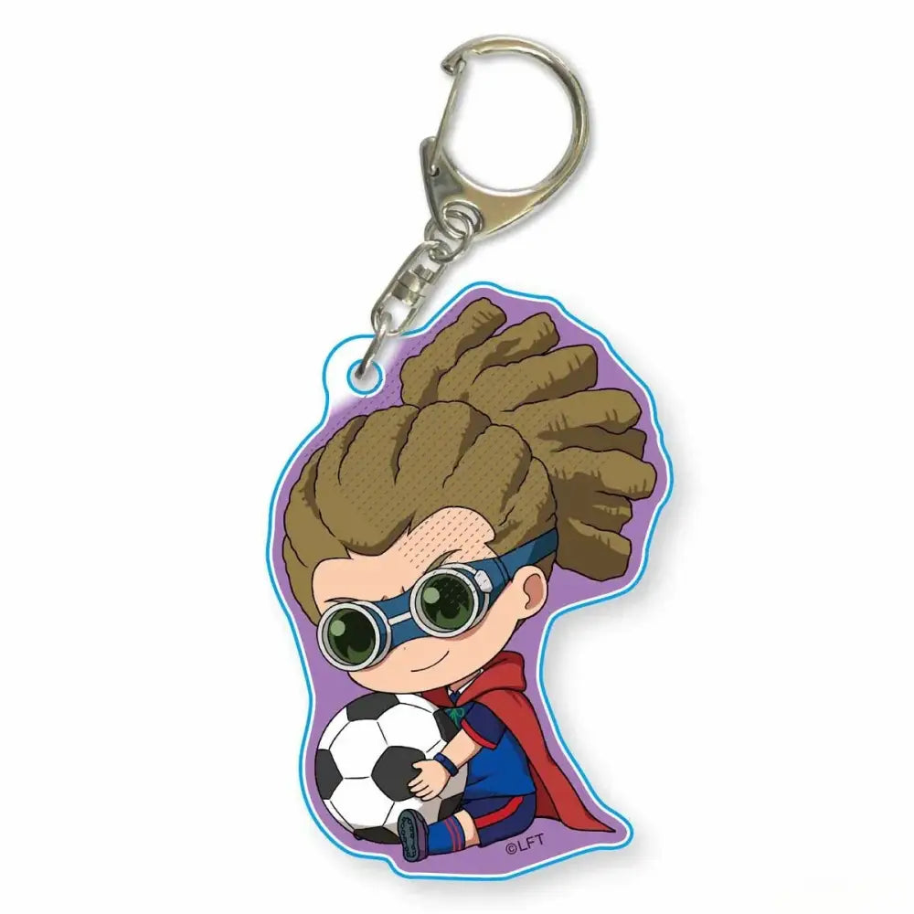 Purple and blue acrylic Game INAZUMA ELEVEN keychain with chibi character asuto inamori holding a soccer ball