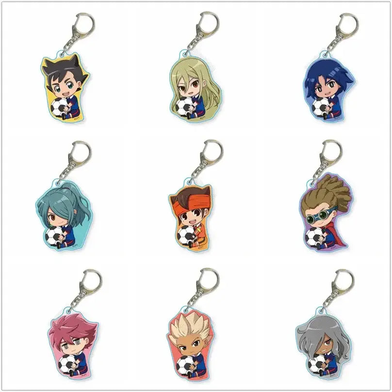 Chibi anime keychains featuring colorful glossy acrylic figures holding soccer balls from game inazuma eleven 11