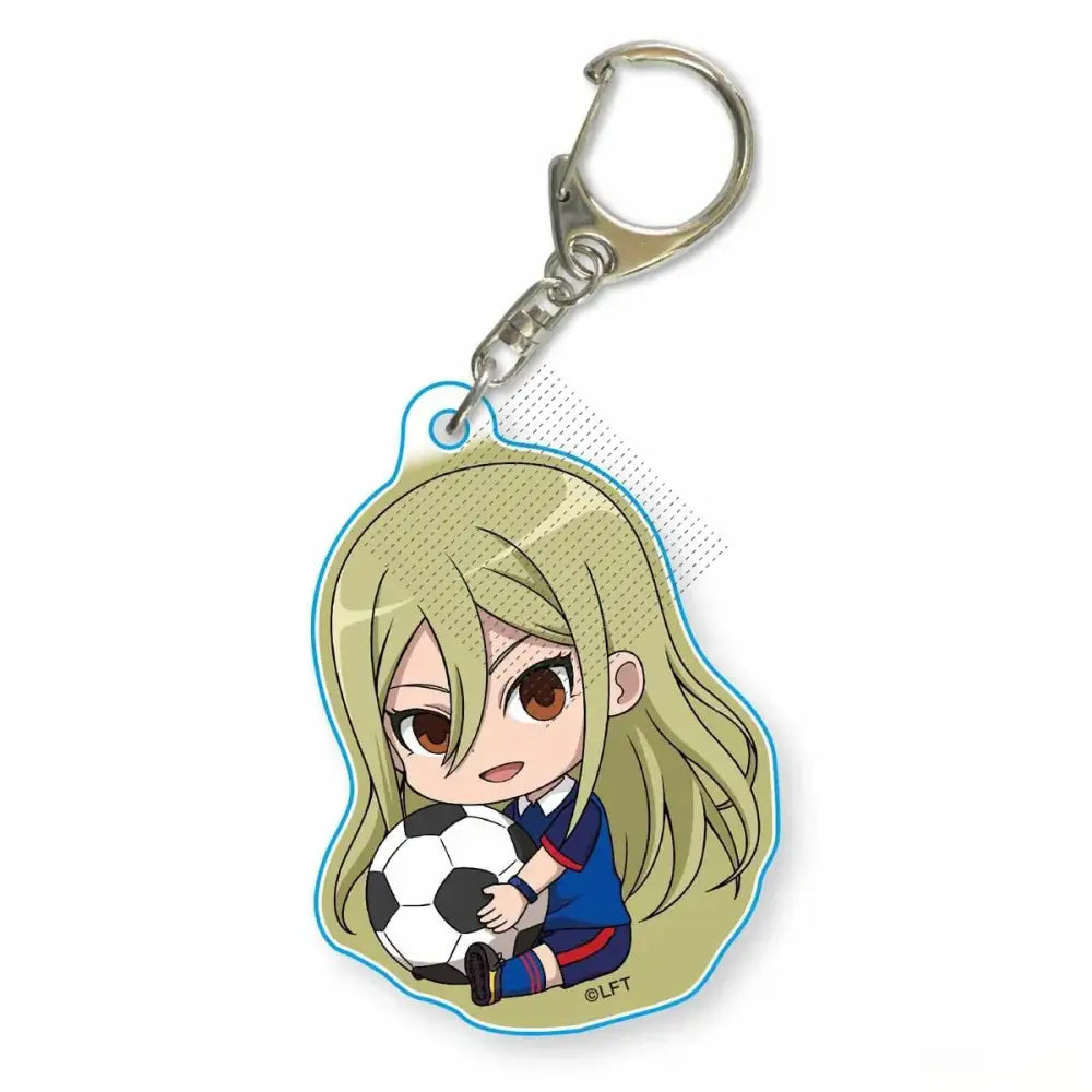 A translucent acrylic keychain featuring a chibi anime girl asuto inamori in a blue soccer uniform holding a ball