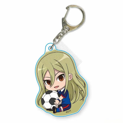 A translucent acrylic keychain featuring a chibi anime girl asuto inamori in a blue soccer uniform holding a ball