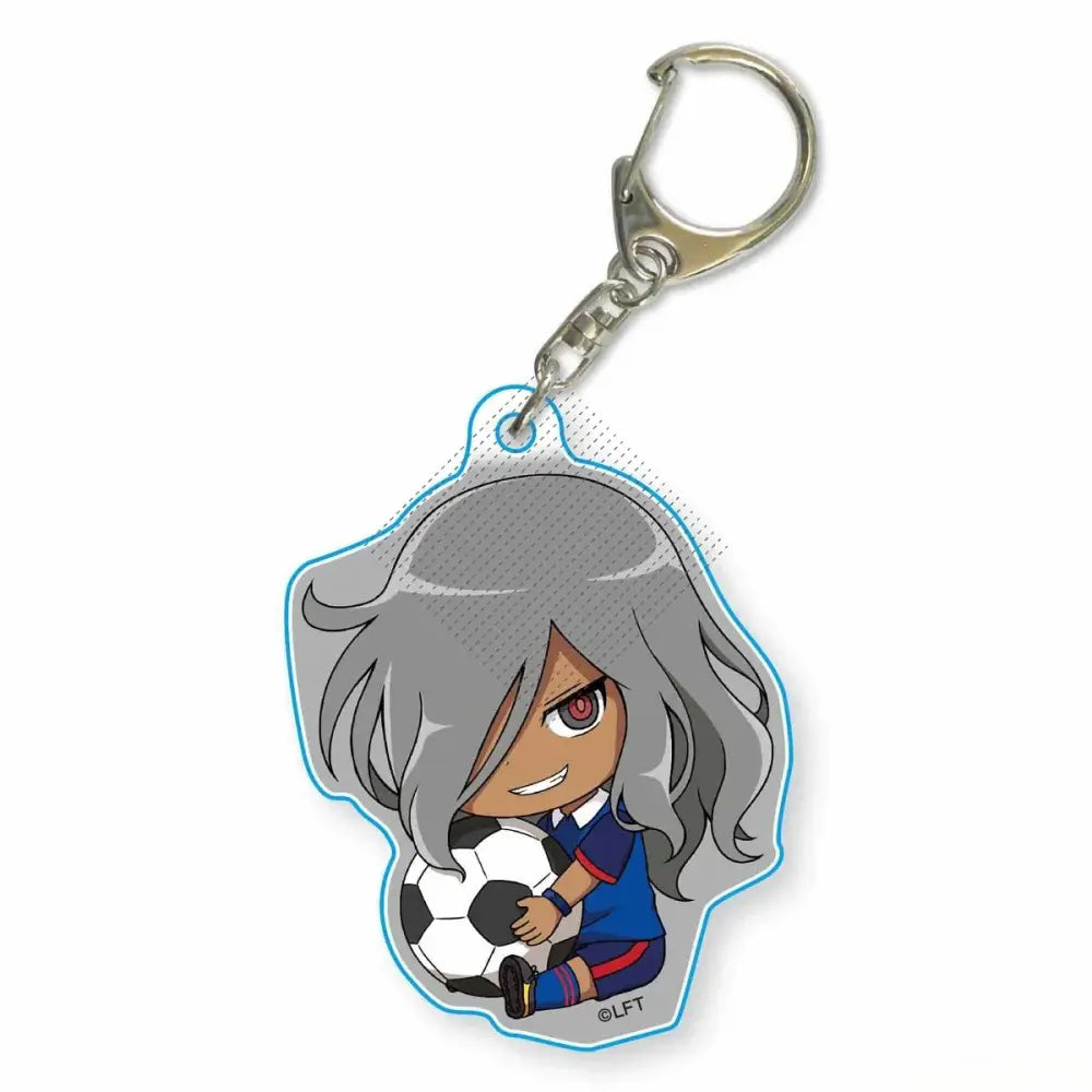 Game inazuma eleven 11 gray-haired anime keychain with soccer ball blue outline metallic silver clip acrylic pendant