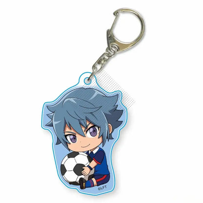 Blue-haired asuto inamori anime keychain with black and white soccer ball clear acrylic body silver clasp gift