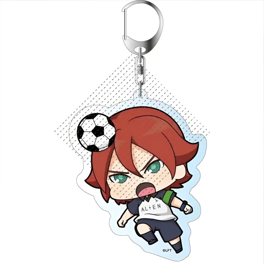 Chibi-style red-haired character acrylic keychain from game inazuma eleven holding a soccer ball on their head